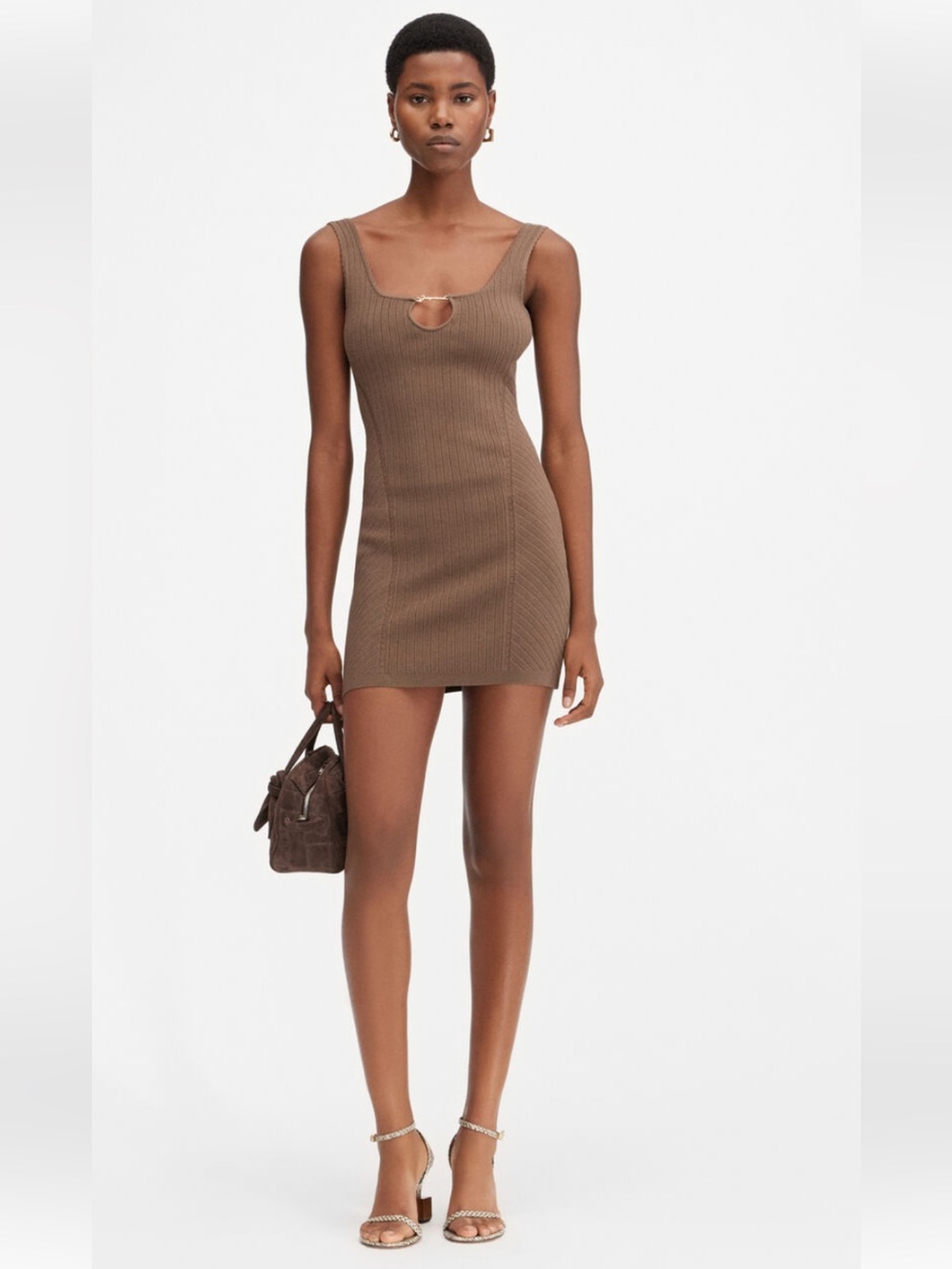 Jacquemus Brown Ribbed Tank Mini Dress with Ring Detail